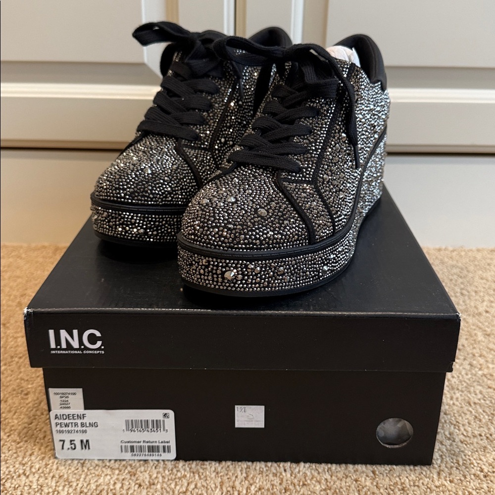 INC International Concepts Black Crystal-Embellished Lace-Up Sneakers - Picture 2 of 6